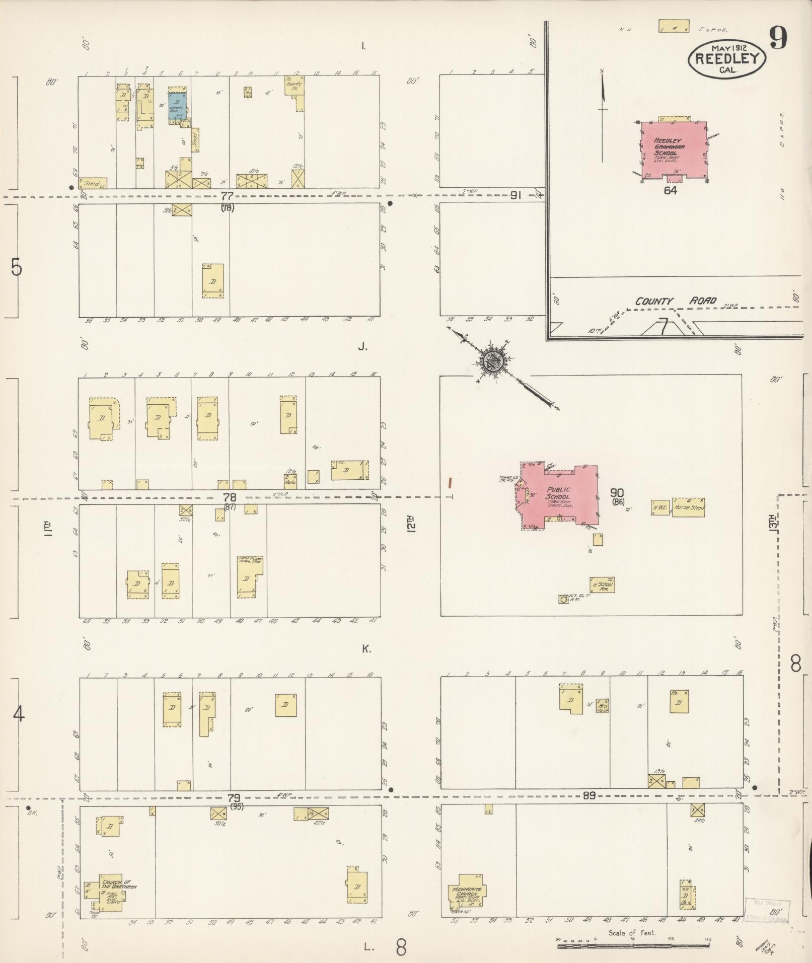 Sanborn Fire Insurance Map from Reedley, Fresno County, California (1912), Sheet #0009 - Complete Map Set gallery image, historic Sanborn map, vintage wall art, California California