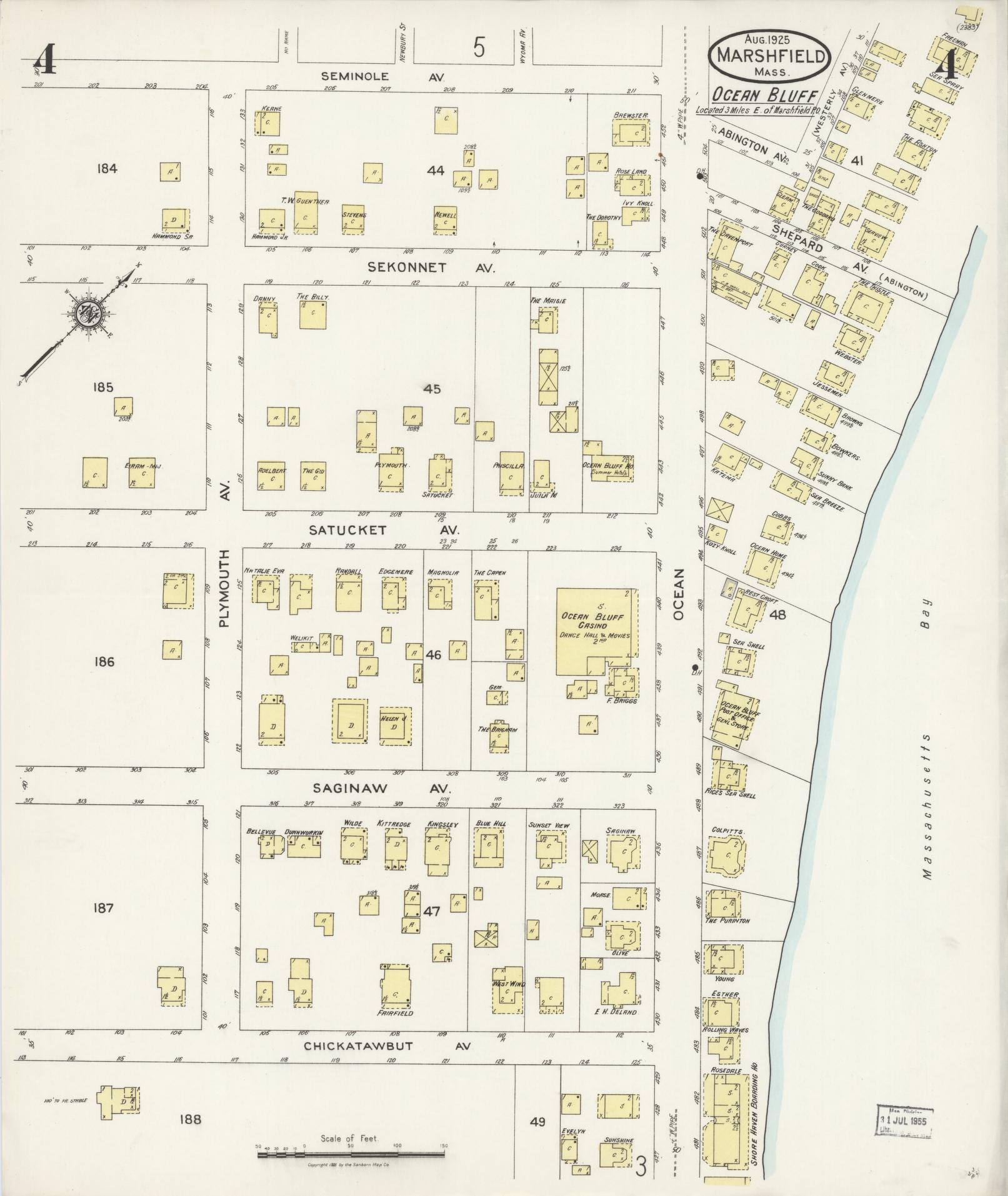 Sanborn Fire Insurance Map from Marshfield, Plymouth County, Massachusetts (1925), Sheet #0004 - Historic Sanborn Fire Insurance Map Print, vintage old map wall art, antique decor, genealogy gift, Massachusetts Massachusetts map