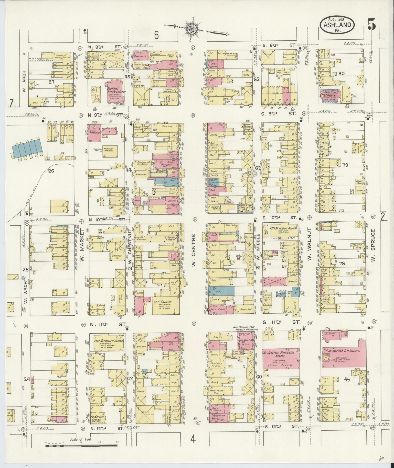Sanborn Fire Insurance Map from Ashland, Schuylkill County, Pennsylvania (1913), Sheet #0005 - Historic Sanborn Fire Insurance Map Print, vintage old map wall art, antique decor, genealogy gift, Pennsylvania Pennsylvania map