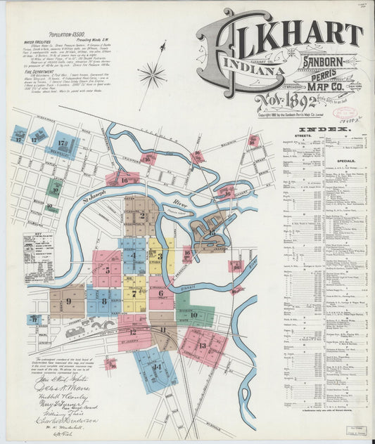 Sanborn Fire Insurance Map from Elkhart, Elkhart County, Indiana (1892), Sheet #0001 - Historic Sanborn Fire Insurance Map Print, vintage old map wall art, antique decor, genealogy gift, Indiana Indiana map