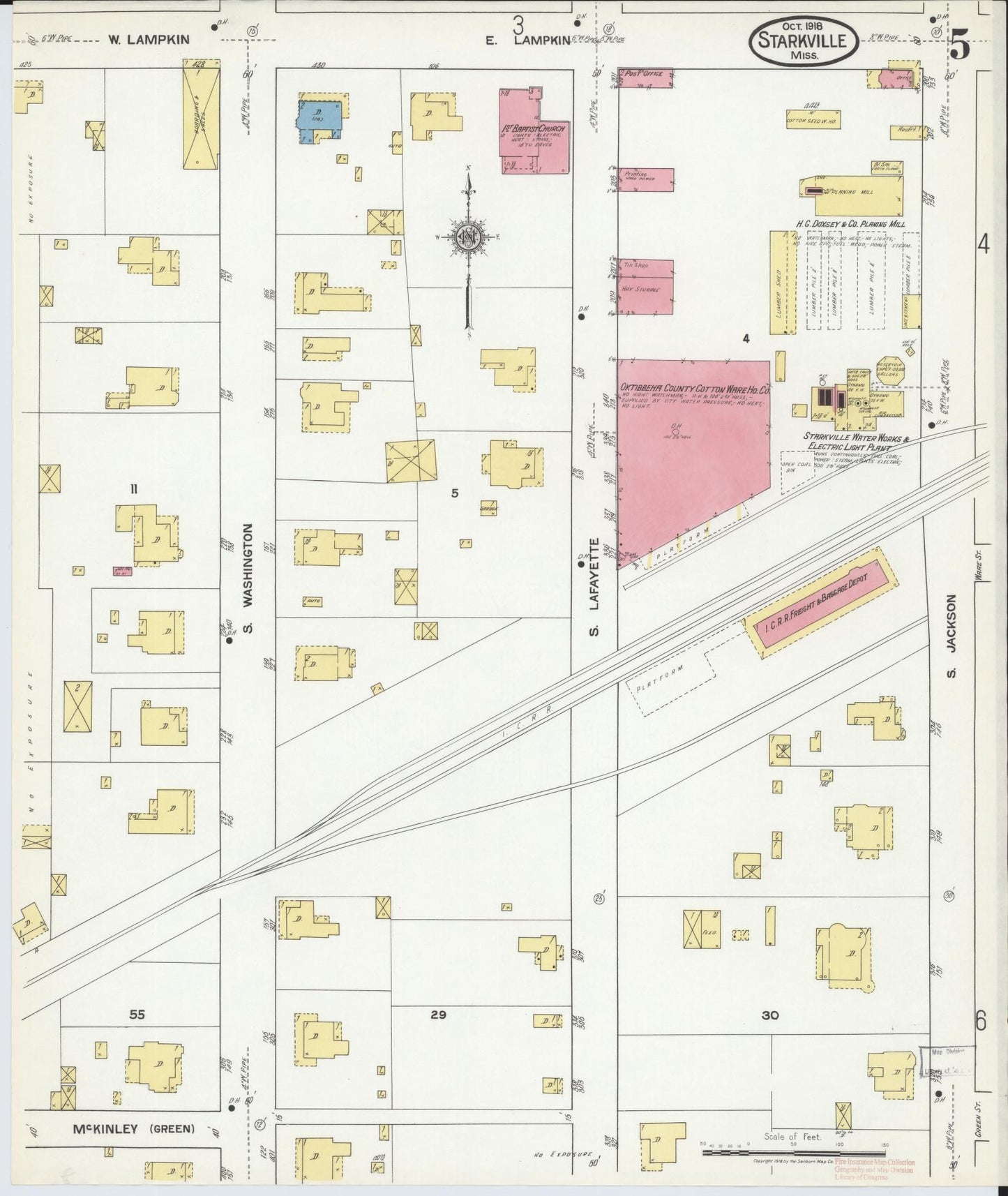Sanborn Fire Insurance Map from Starkville, Oktibbeha County, Mississippi (1918), Sheet #0005 - Historic Sanborn Fire Insurance Map Print, vintage old map wall art, antique decor, genealogy gift, Mississippi Mississippi map