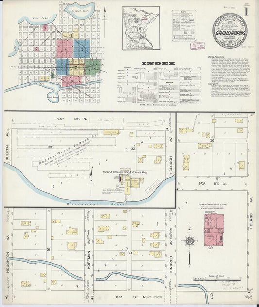 Sanborn Fire Insurance Map from Grand Rapids, Itasca County, Minnesota (1913), Sheet #0001 - Complete Map Set gallery image, historic Sanborn map, vintage wall art, Minnesota Minnesota