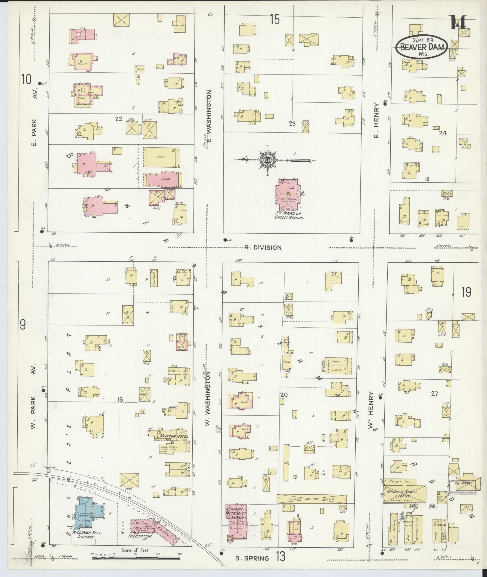 Sanborn Fire Insurance Map from Beaver Dam, Dodge County, Wisconsin (1914), Sheet #0014 - Historic Sanborn Fire Insurance Map Print, vintage old map wall art, antique decor, genealogy gift, Wisconsin Wisconsin map