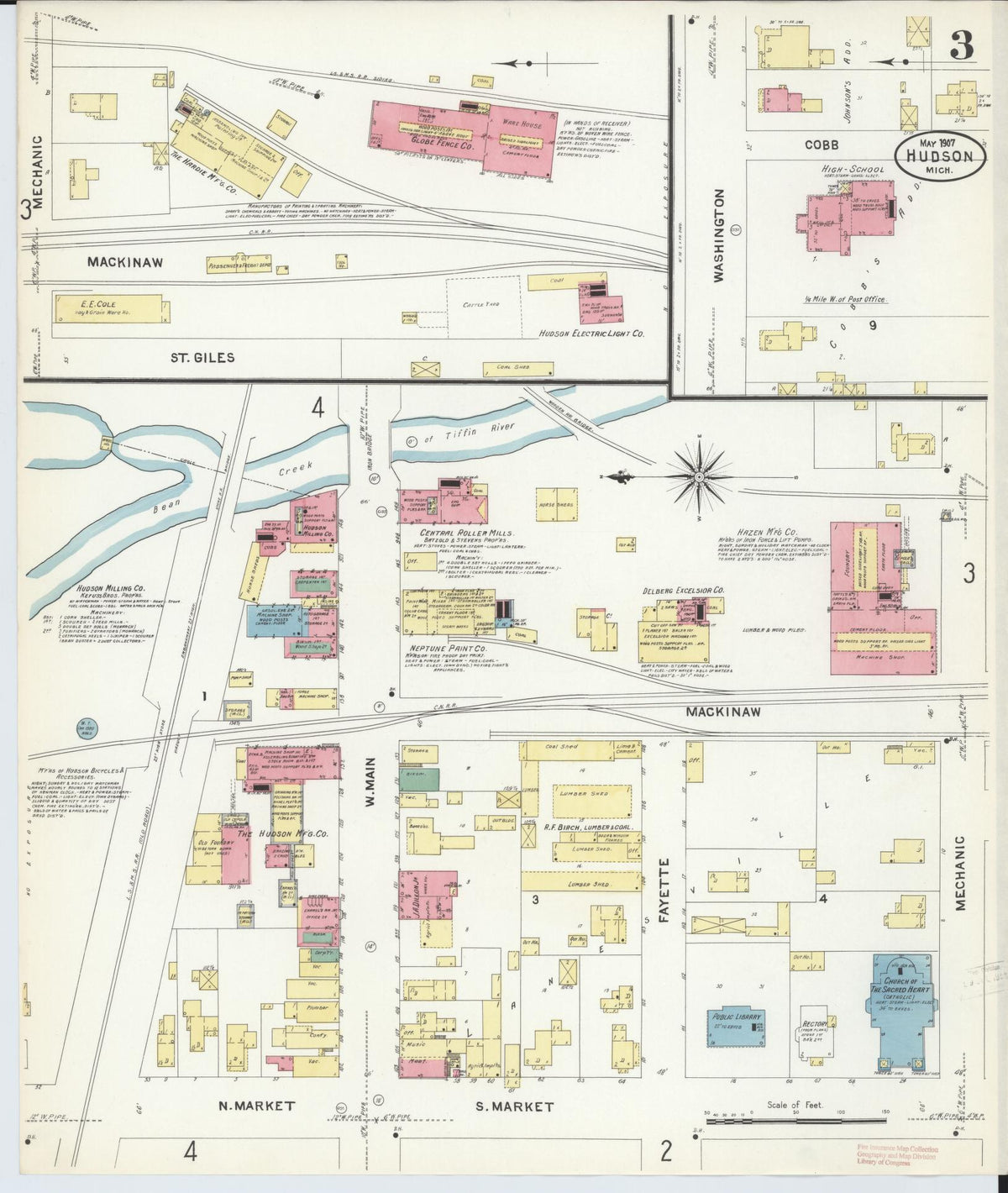 Sanborn Fire Insurance Map from Hudson, Lenawee County, Michigan (1907), Sheet #0003 - Historic Sanborn Fire Insurance Map Print, vintage old map wall art, antique decor, genealogy gift, Michigan Michigan map