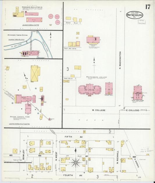 Sanborn Fire Insurance Map from Waynesburg, Greene County, Pennsylvania (1908), Sheet #0017 - Historic Sanborn Fire Insurance Map Print, vintage old map wall art, antique decor, genealogy gift, Pennsylvania Pennsylvania map