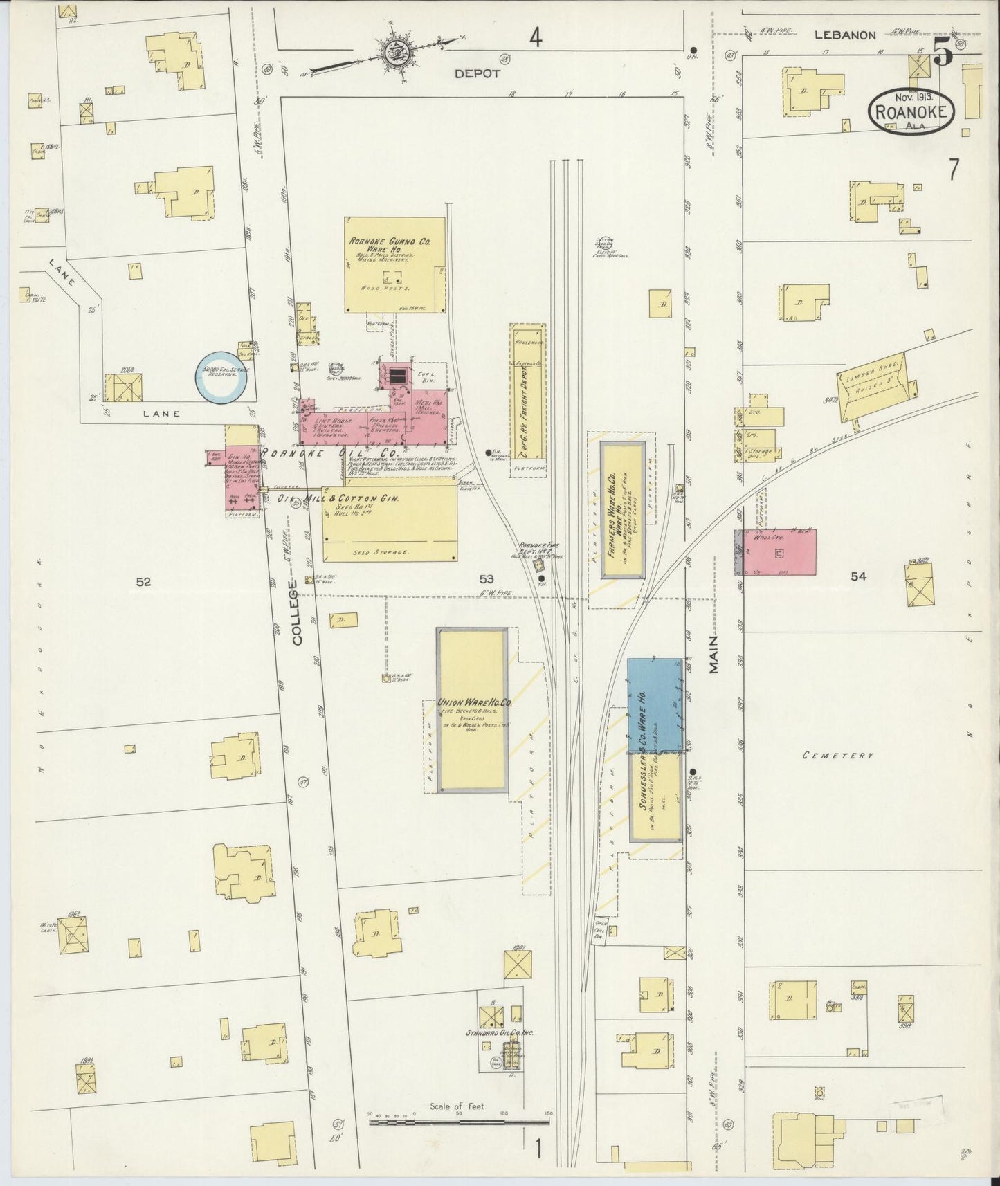 Sanborn Fire Insurance Map from Roanoke, Randolph County, Alabama (1913), Sheet #0005 - Complete Map Set gallery image, historic Sanborn map, vintage wall art, Alabama Alabama