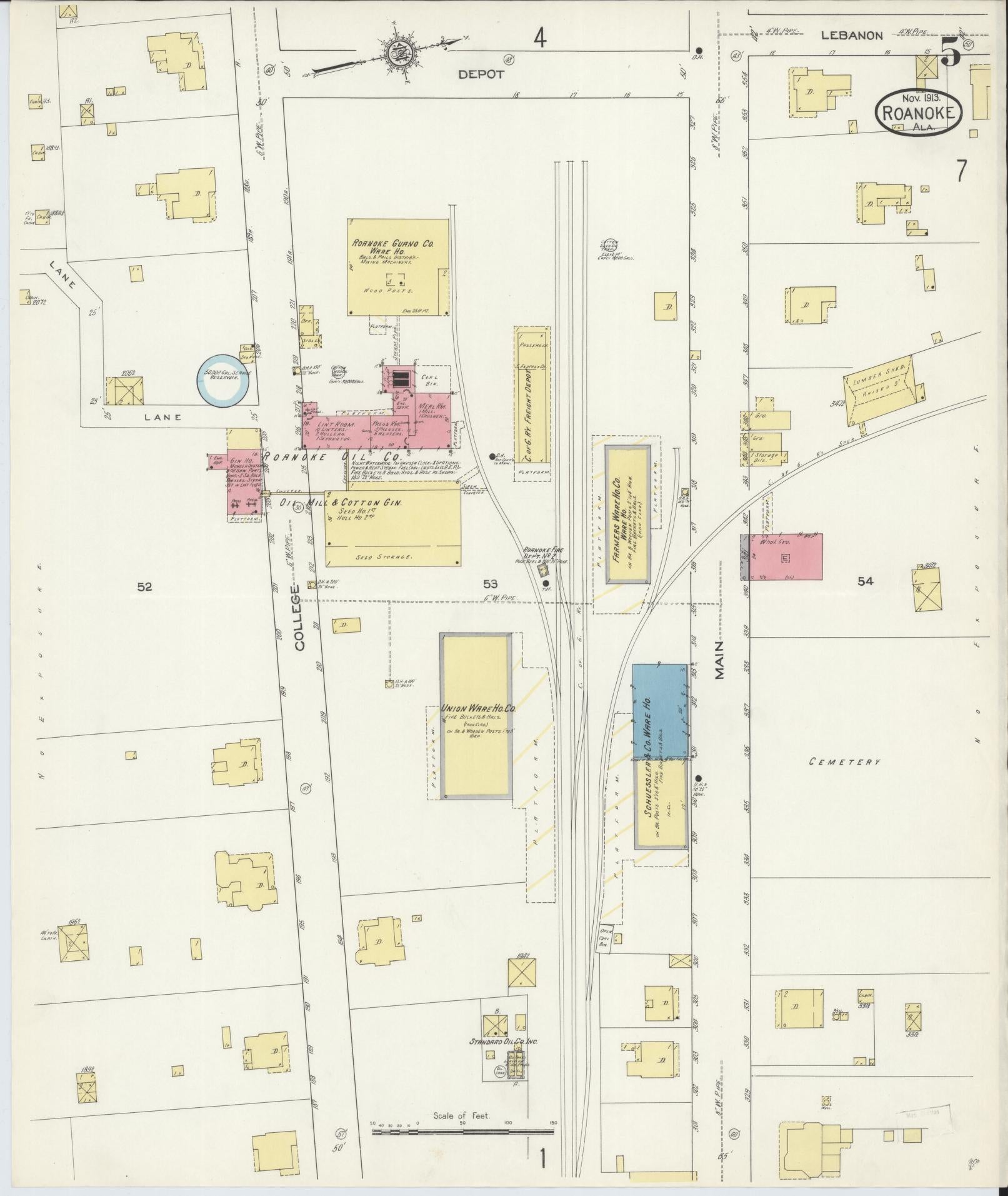 Sanborn Fire Insurance Map from Roanoke, Randolph County, Alabama (1913), Sheet #0005 - Complete Map Set gallery image, historic Sanborn map, vintage wall art, Alabama Alabama