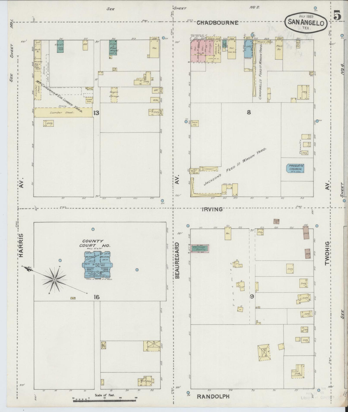 Sanborn Fire Insurance Map from San Angelo, Tom Green County, Texas (1889), Sheet #0005 - Historic Sanborn Fire Insurance Map Print, vintage old map wall art, antique decor, genealogy gift, Texas Texas map