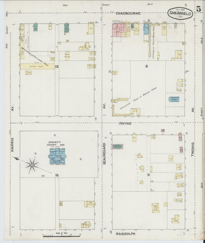 Sanborn Fire Insurance Map from San Angelo, Tom Green County, Texas (1889), Sheet #0005 - Historic Sanborn Fire Insurance Map Print, vintage old map wall art, antique decor, genealogy gift, Texas Texas map
