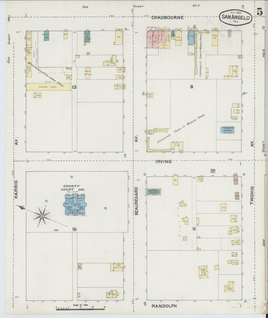 Sanborn Fire Insurance Map from San Angelo, Tom Green County, Texas (1889), Sheet #0005 - Historic Sanborn Fire Insurance Map Print, vintage old map wall art, antique decor, genealogy gift, Texas Texas map