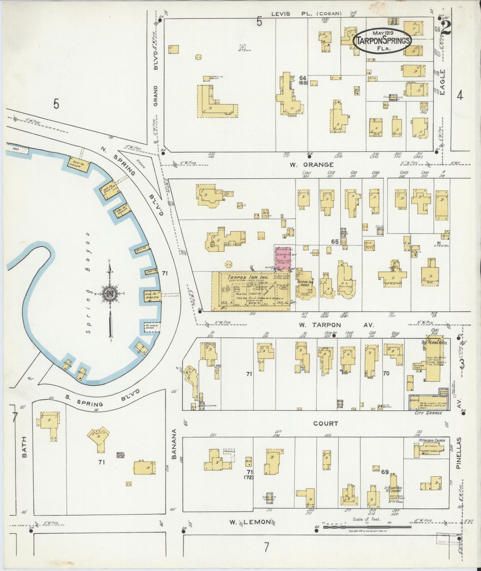 Sanborn Fire Insurance Map from Tarpon Springs, Pinellas County, Florida (1919), Sheet #0002 - Historic Sanborn Fire Insurance Map Print, vintage old map wall art, antique decor, genealogy gift, Florida Florida map