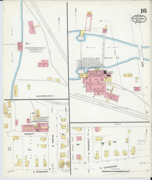 Sanborn Fire Insurance Map from Ypsilanti, Washtenaw County, Michigan (1909), Sheet #0016 - Historic Sanborn Fire Insurance Map Print, vintage old map wall art, antique decor, genealogy gift, Michigan Michigan map