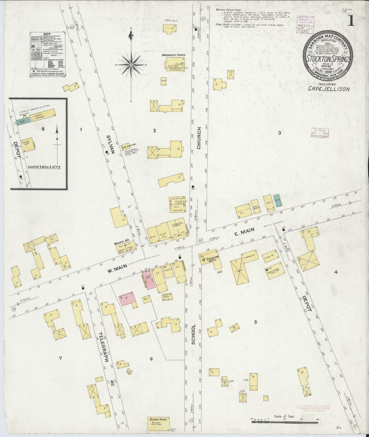Sanborn Fire Insurance Map from Stockton Springs, Waldo County, Maine (1908), Sheet #0001 - Historic Sanborn Fire Insurance Map Print, vintage old map wall art, antique decor, genealogy gift, Maine Maine map
