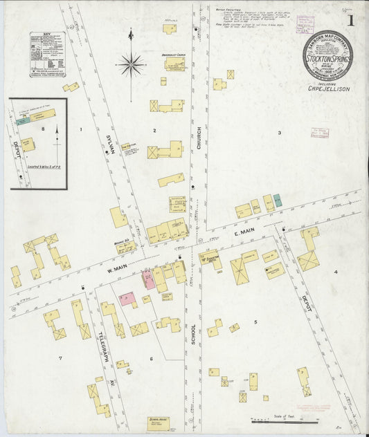 Sanborn Fire Insurance Map from Stockton Springs, Waldo County, Maine (1908), Sheet #0001 - Historic Sanborn Fire Insurance Map Print, vintage old map wall art, antique decor, genealogy gift, Maine Maine map