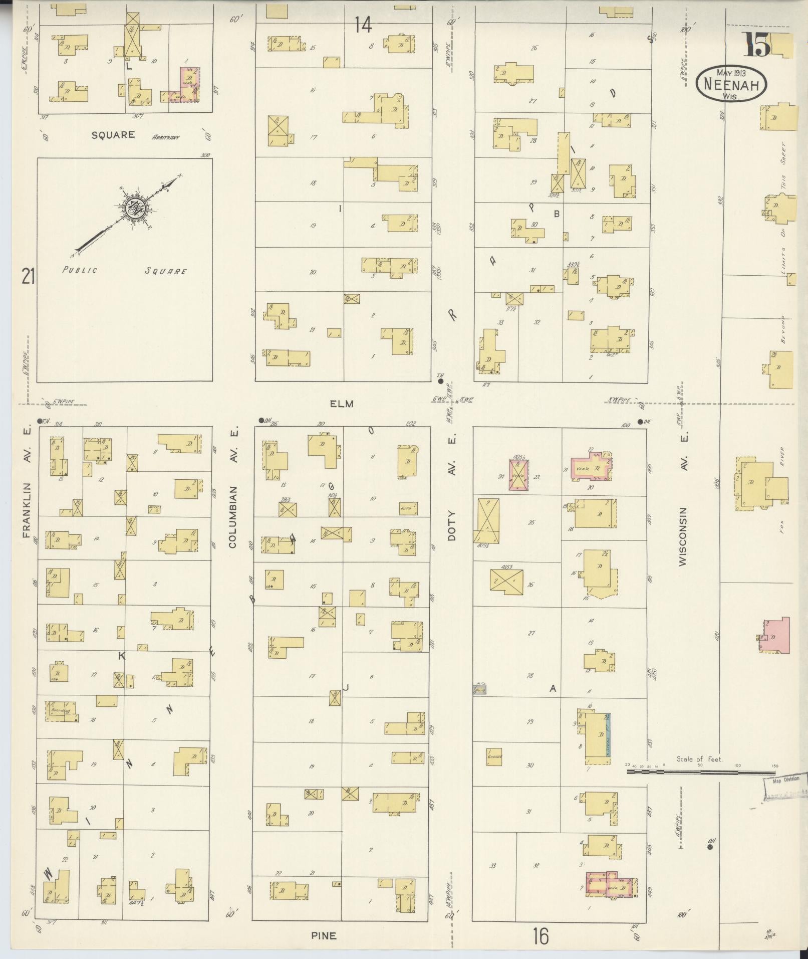 Sanborn Fire Insurance Map from Neenah, Winnebago County, Wisconsin (1913), Sheet #0015 - Historic Sanborn Fire Insurance Map Print, vintage old map wall art, antique decor, genealogy gift, Wisconsin Wisconsin map