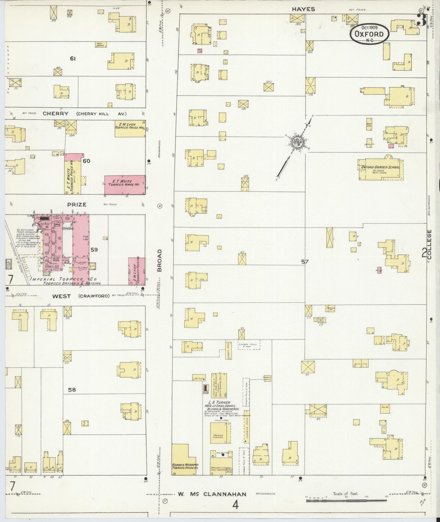 Sanborn Fire Insurance Map from Oxford, Granville County, North Carolina (1909), Sheet #0003 - Complete Map Set gallery image, historic Sanborn map, vintage wall art, North Carolina North Carolina