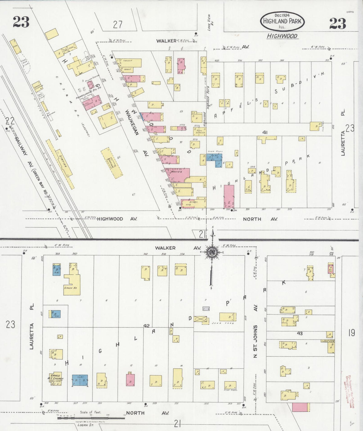 Sanborn Fire Insurance Map from Highland Park, Lake County, Illinois (1924), Sheet #0023 - Historic Sanborn Fire Insurance Map Print, vintage old map wall art, antique decor, genealogy gift, Illinois Illinois map