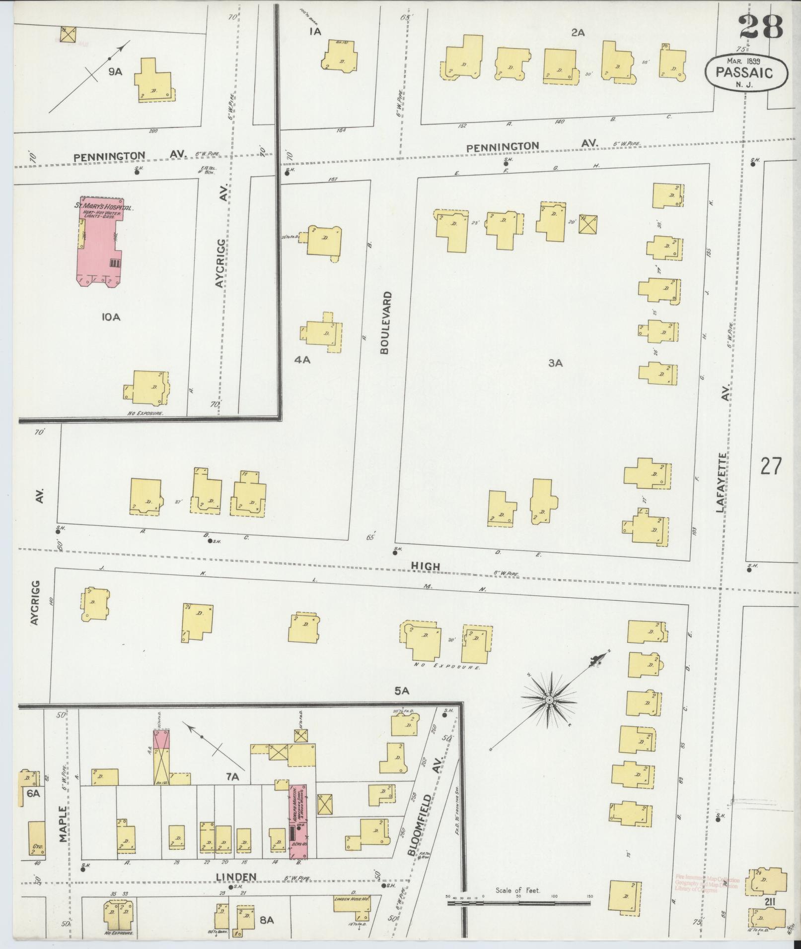 Sanborn Fire Insurance Map from Passaic, Passaic County, New Jersey (1899), Sheet #0028 - Historic Sanborn Fire Insurance Map Print, vintage old map wall art, antique decor, genealogy gift, New Jersey New Jersey map