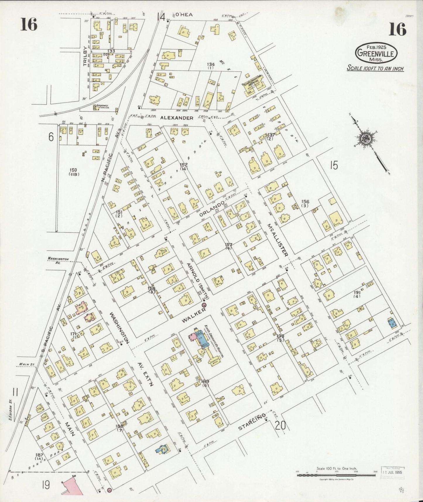 Sanborn Fire Insurance Map from Greenville, Washington County, Mississippi (1925), Sheet #0016 - Complete Map Set gallery image, historic Sanborn map, vintage wall art, Mississippi Mississippi