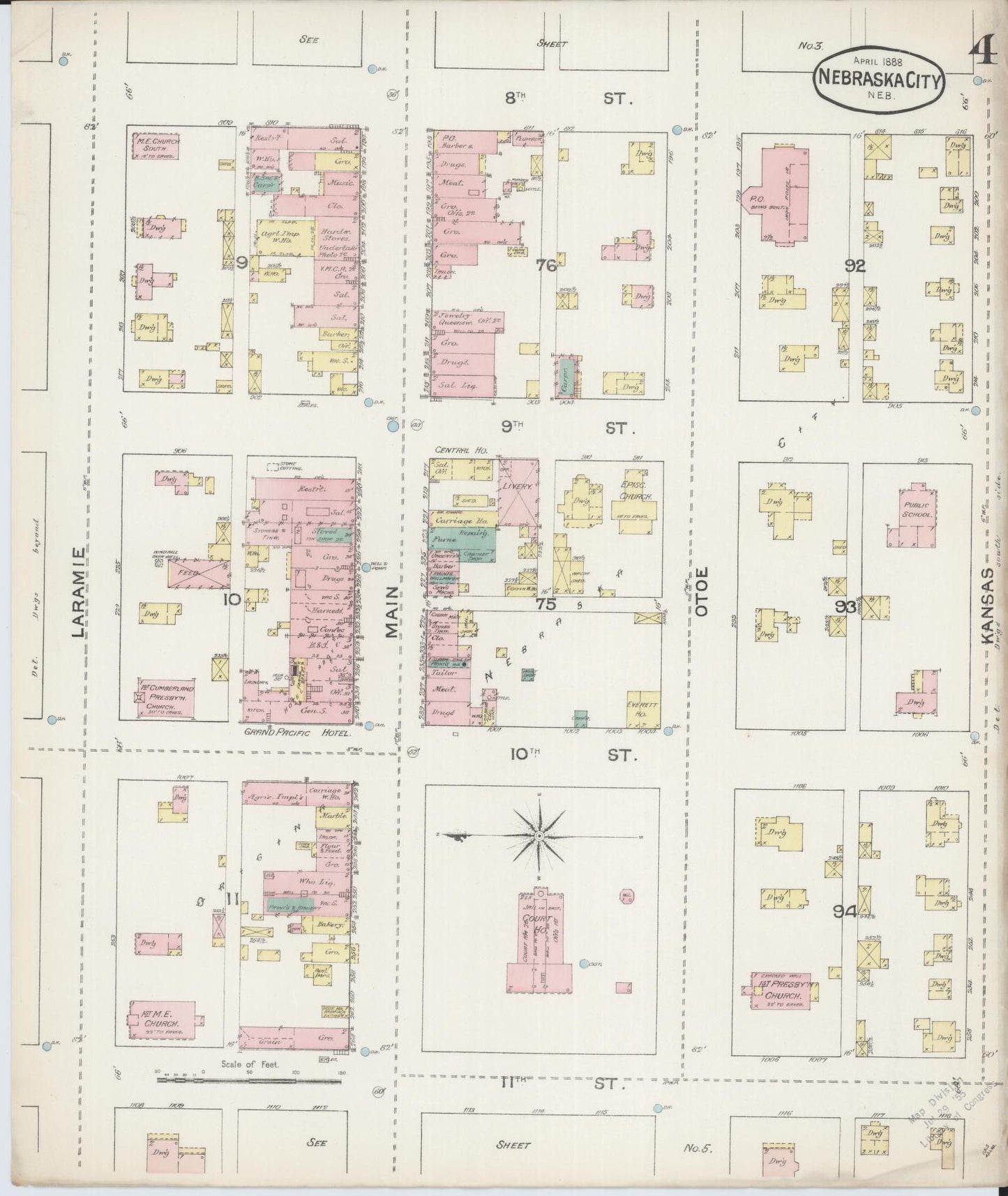 Sanborn Fire Insurance Map from Nebraska City, Otoe County, Nebraska (1888), Sheet #0004 - Historic Sanborn Fire Insurance Map Print, vintage old map wall art, antique decor, genealogy gift, Nebraska Nebraska map