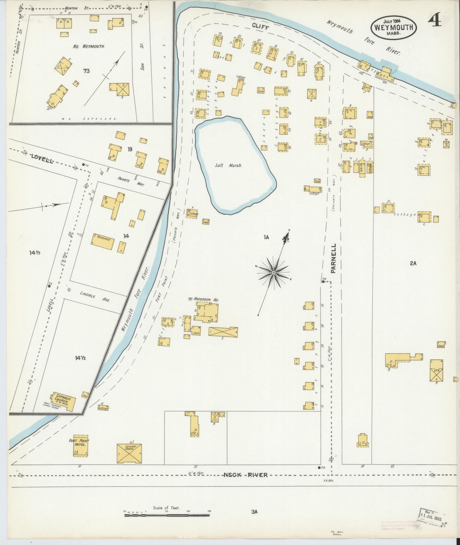Sanborn Fire Insurance Map from Weymouth, Norfolk County, Massachusetts (1904), Sheet #0004 - Historic Sanborn Fire Insurance Map Print, vintage old map wall art, antique decor, genealogy gift, Massachusetts Massachusetts map