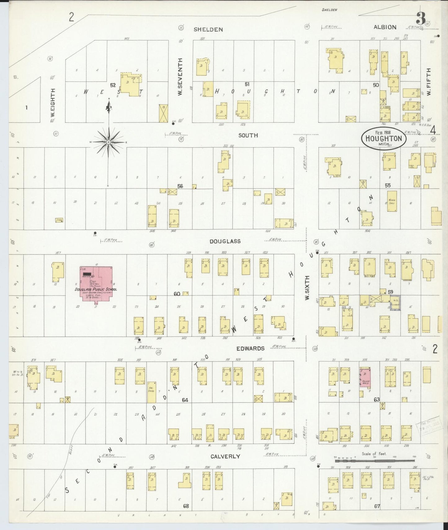 Sanborn Fire Insurance Map from Houghton, Houghton County, Michigan (1908), Sheet #0003 - Complete Map Set gallery image, historic Sanborn map, vintage wall art, Michigan Michigan