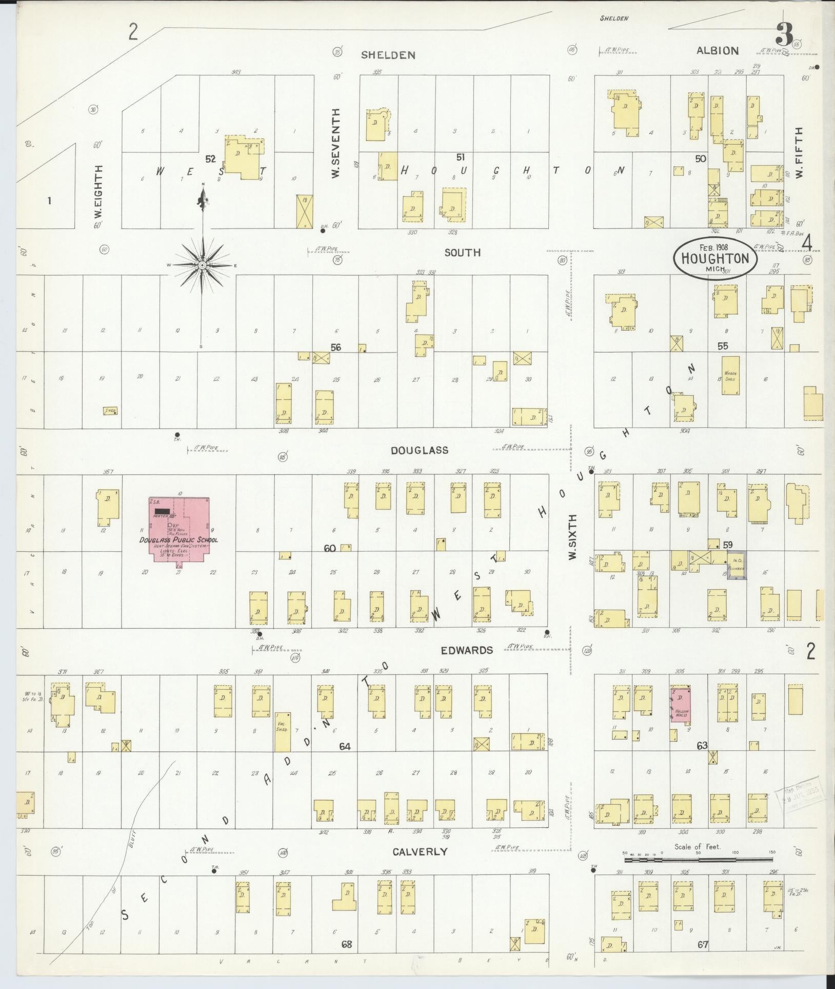 Sanborn Fire Insurance Map from Houghton, Houghton County, Michigan (1908), Sheet #0003 - Complete Map Set gallery image, historic Sanborn map, vintage wall art, Michigan Michigan
