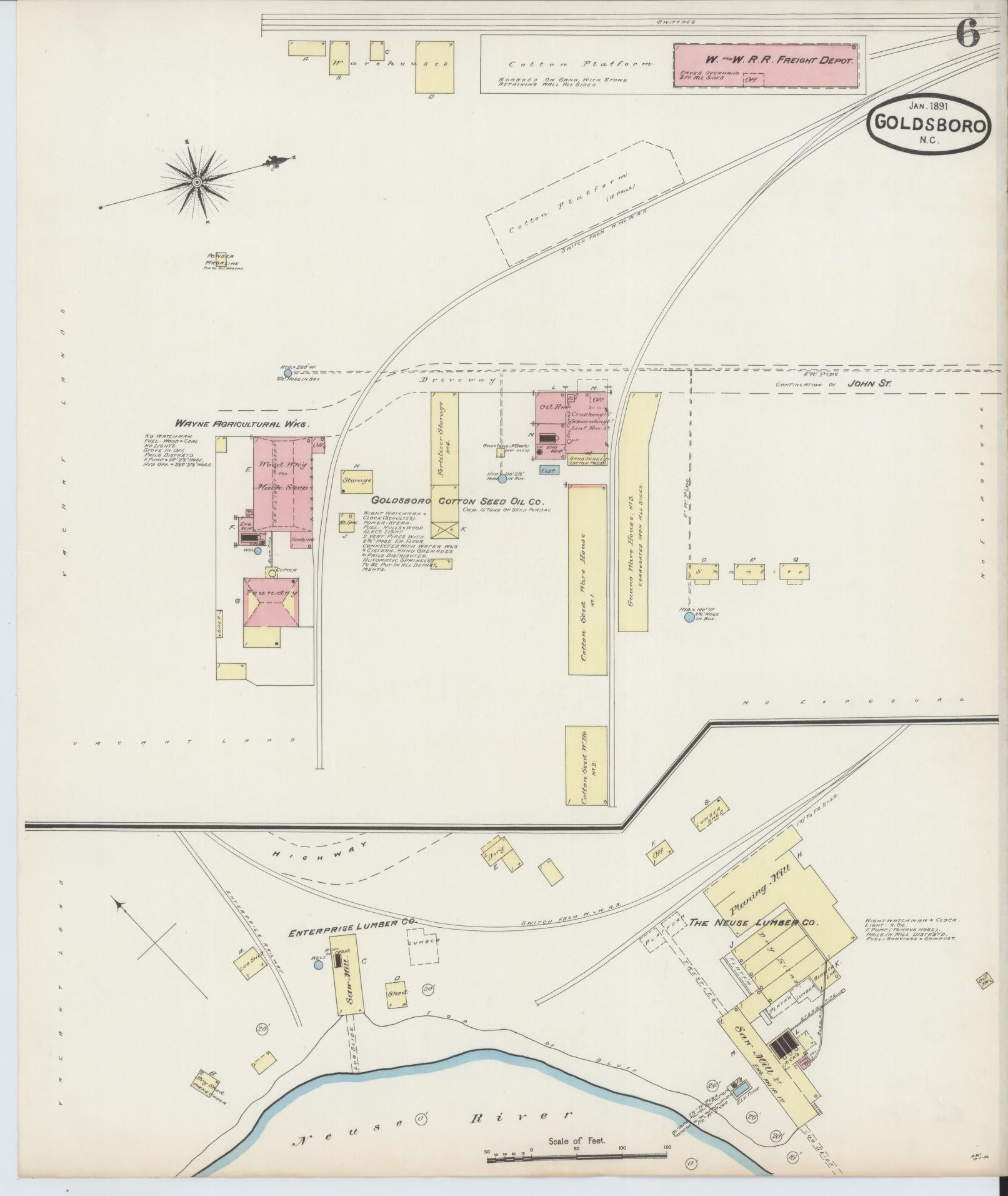 Sanborn Fire Insurance Map from Goldsboro, Wayne County, North Carolina (1891), Sheet #0006 - Complete Map Set gallery image, historic Sanborn map, vintage wall art, North Carolina North Carolina