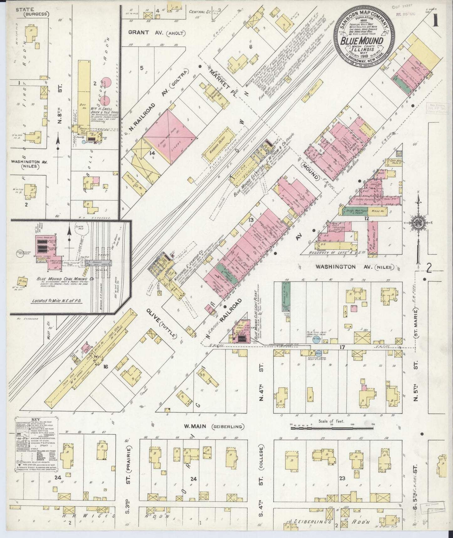 Sanborn Fire Insurance Map from Blue Mound, Macon County, Illinois (1910), Sheet #0001 - Historic Sanborn Fire Insurance Map Print, vintage old map wall art, antique decor, genealogy gift, Illinois Illinois map