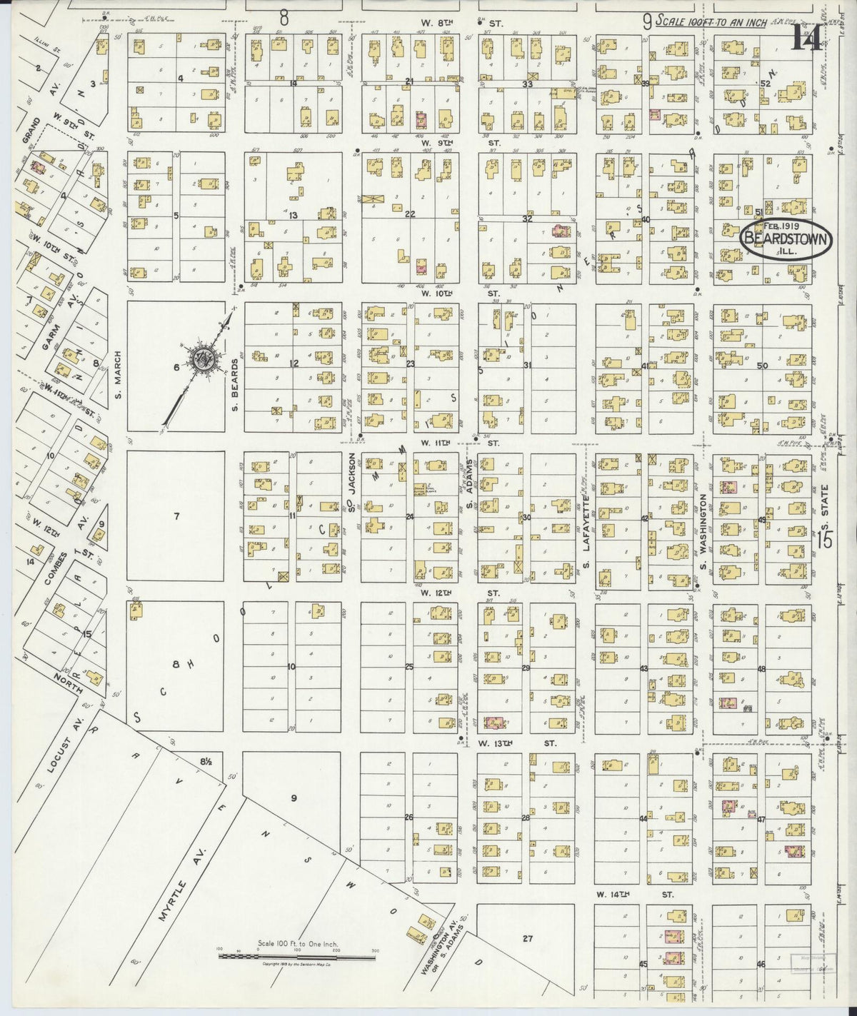 Sanborn Fire Insurance Map from Beardstown, Cass County, Illinois (1919), Sheet #0014 - Historic Sanborn Fire Insurance Map Print, vintage old map wall art, antique decor, genealogy gift, Illinois Illinois map