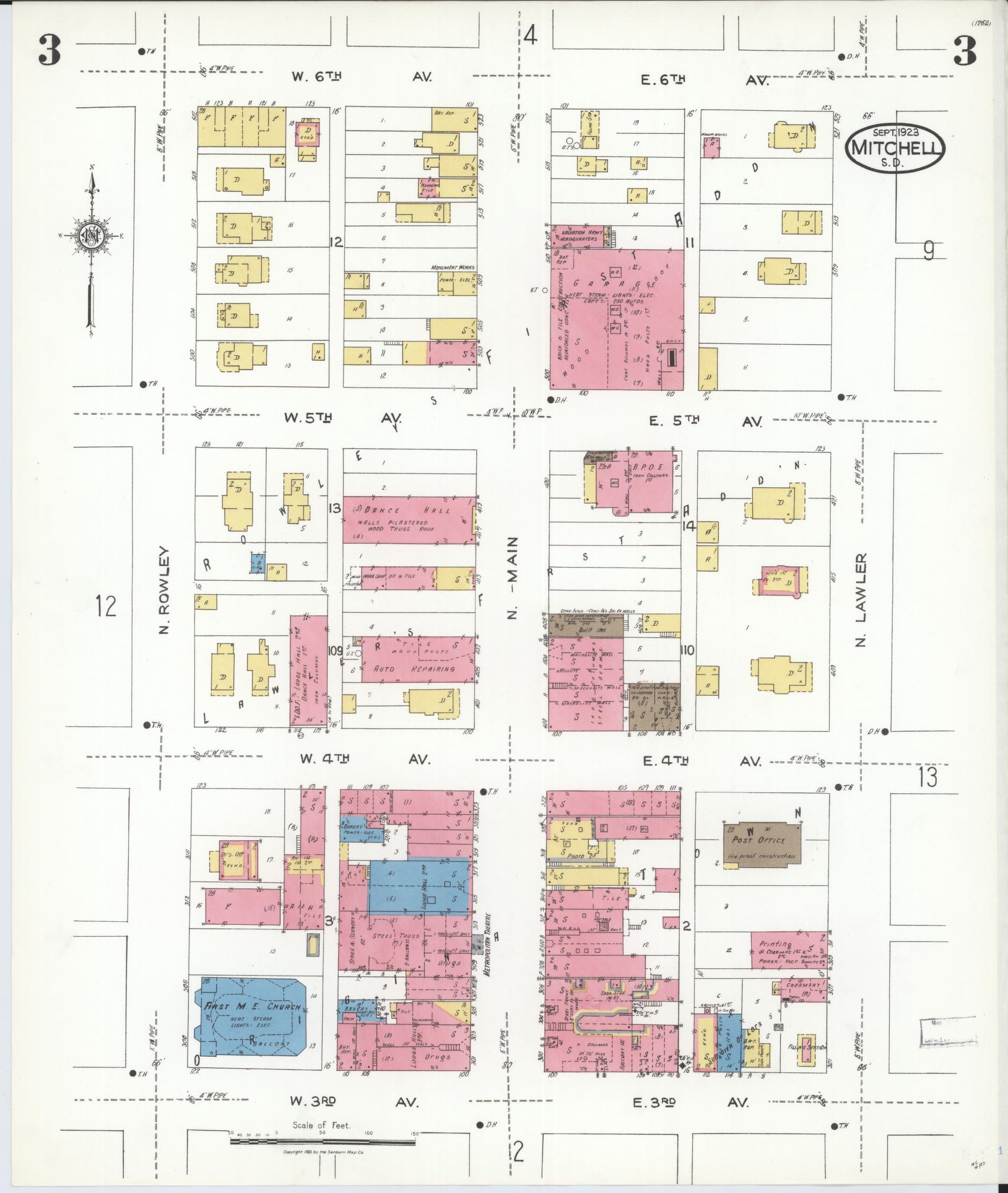 Sanborn Fire Insurance Map from Mitchell, Davison County, South Dakota (1923), Sheet #0003 - Complete Map Set gallery image, historic Sanborn map, vintage wall art, South Dakota South Dakota