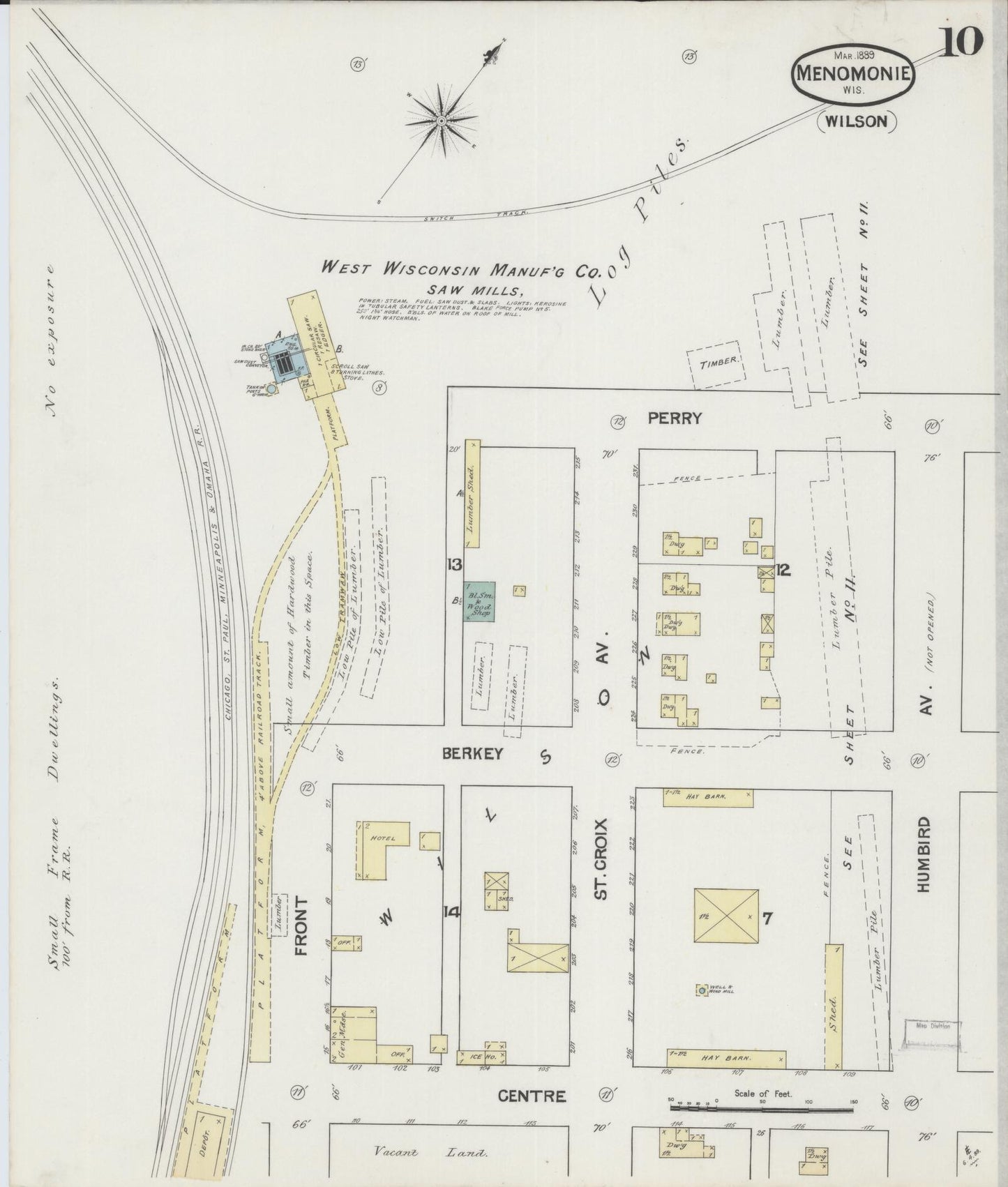 Sanborn Fire Insurance Map from Menomonie, Dunn County, Wisconsin (1889), Sheet #0010 - Historic Sanborn Fire Insurance Map Print, vintage old map wall art, antique decor, genealogy gift, Wisconsin Wisconsin map