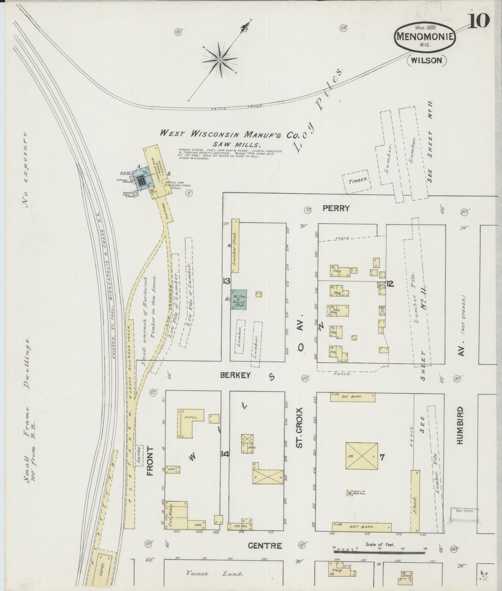 Sanborn Fire Insurance Map from Menomonie, Dunn County, Wisconsin (1889), Sheet #0010 - Historic Sanborn Fire Insurance Map Print, vintage old map wall art, antique decor, genealogy gift, Wisconsin Wisconsin map