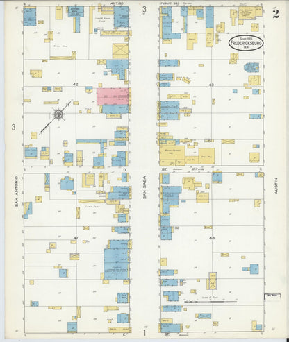 Sanborn Fire Insurance Map from Fredericksburg, Gillespie County, Texas (1915), Sheet #0002 - Complete Map Set gallery image, historic Sanborn map, vintage wall art, Texas Texas