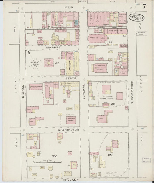 Sanborn Fire Insurance Map from Natchez, Adams County, Mississippi (1886), Sheet #0007 - Historic Sanborn Fire Insurance Map Print, vintage old map wall art, antique decor, genealogy gift, Mississippi Mississippi map