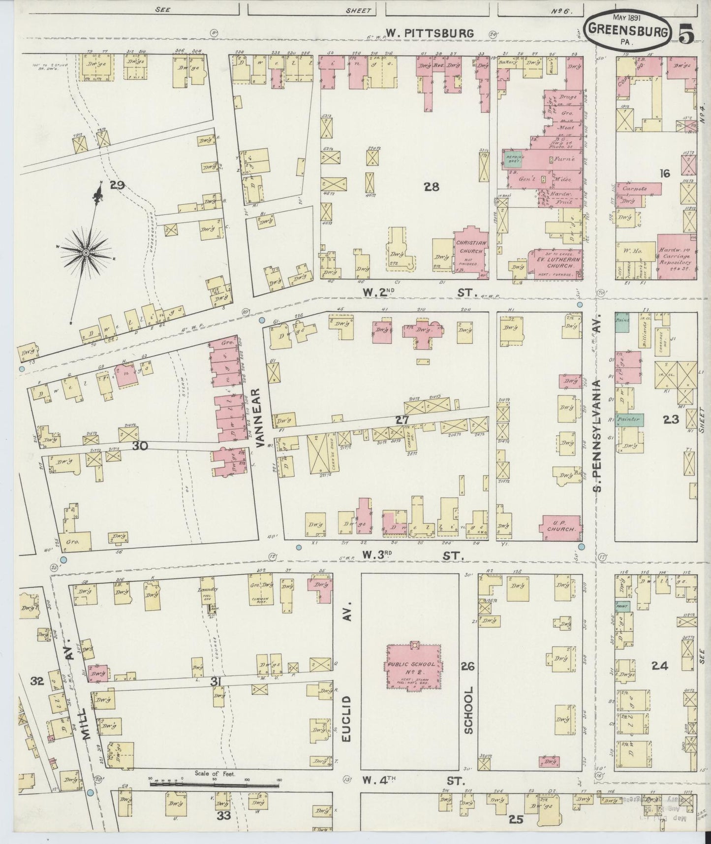Sanborn Fire Insurance Map from Greensburg, Westmoreland County, Pennsylvania (1891), Sheet #0005 - Historic Sanborn Fire Insurance Map Print, vintage old map wall art, antique decor, genealogy gift, Pennsylvania Pennsylvania map