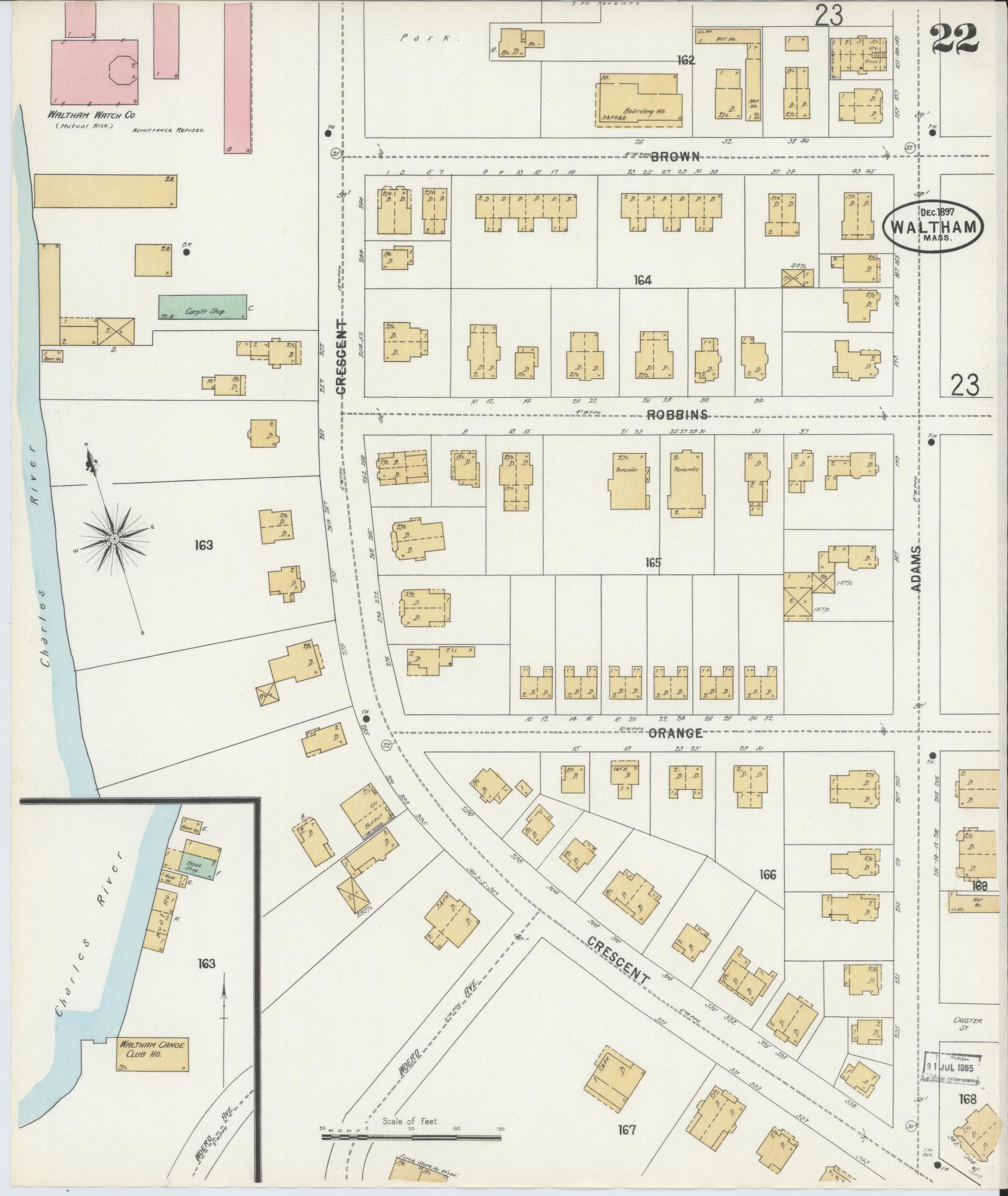 Sanborn Fire Insurance Map from Waltham, Middlesex County, Massachusetts (1897), Sheet #0022 - Complete Map Set gallery image, historic Sanborn map, vintage wall art, Massachusetts Massachusetts