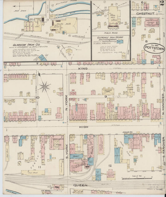 Sanborn Fire Insurance Map from Pottstown, Montgomery County, Pennsylvania (1885), Sheet #0002 - Historic Sanborn Fire Insurance Map Print, vintage old map wall art, antique decor, genealogy gift, Pennsylvania Pennsylvania map