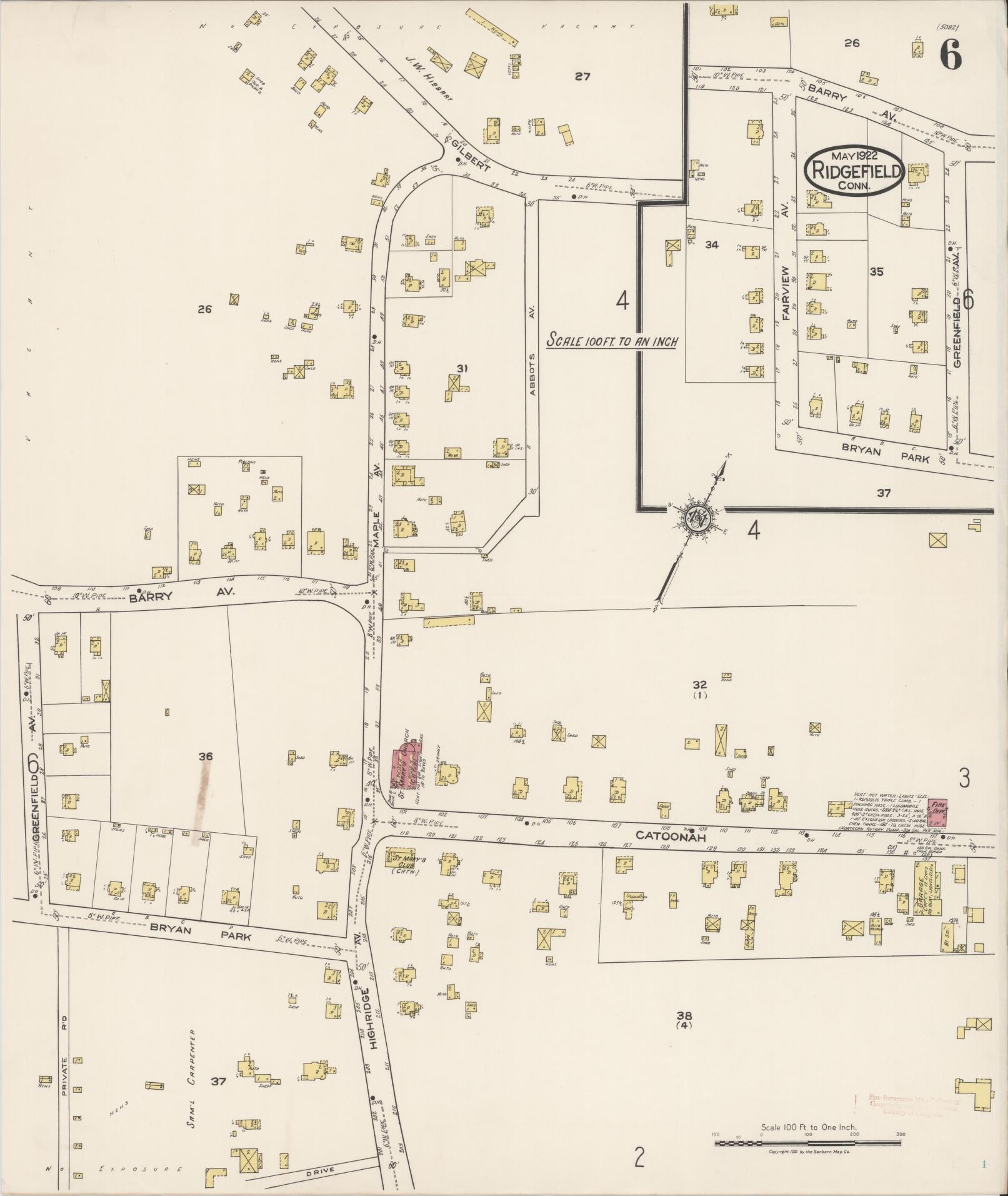 Sanborn Fire Insurance Map from Ridgefield, Fairfield County, Connecticut (1922), Sheet #0006 - Complete Map Set gallery image, historic Sanborn map, vintage wall art, Connecticut Connecticut