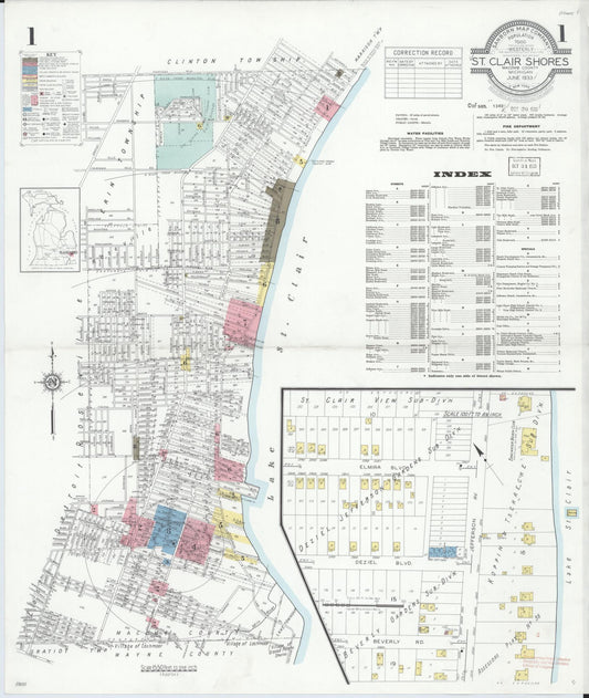 Sanborn Fire Insurance Map from Saint Clair Shores, Macomb County, Michigan (1933), Sheet #0001 - Historic Sanborn Fire Insurance Map Print, vintage old map wall art, antique decor, genealogy gift, Michigan Michigan map