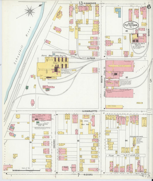 Sanborn Fire Insurance Map from Pottstown, Montgomery County, Pennsylvania (1902), Sheet #0006 - Historic Sanborn Fire Insurance Map Print, vintage old map wall art, antique decor, genealogy gift, Pennsylvania Pennsylvania map