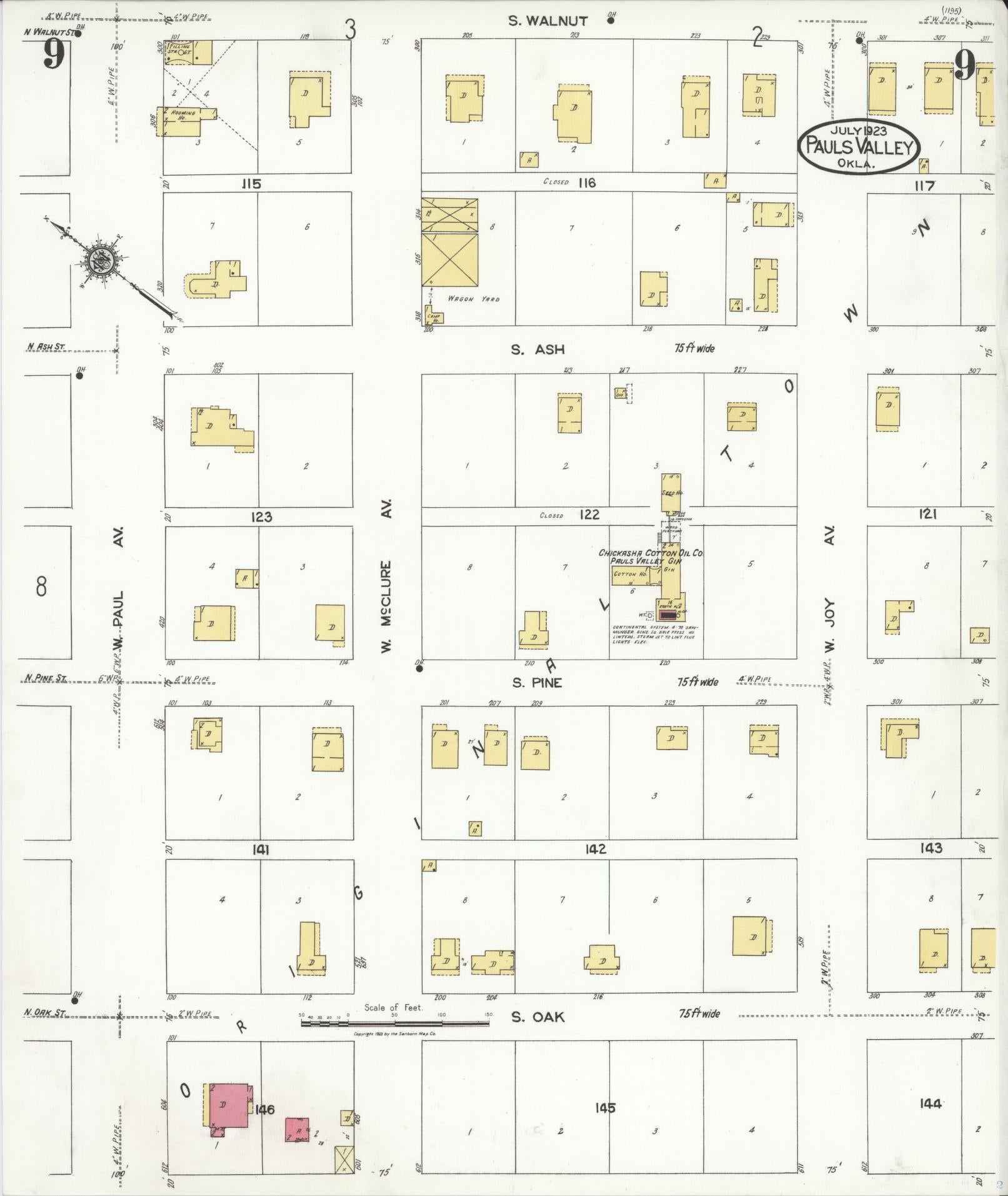 Sanborn Fire Insurance Map from Pauls Valley, Garvin County, Oklahoma (1923), Sheet #0009 - Complete Map Set gallery image, historic Sanborn map, vintage wall art, Oklahoma Oklahoma