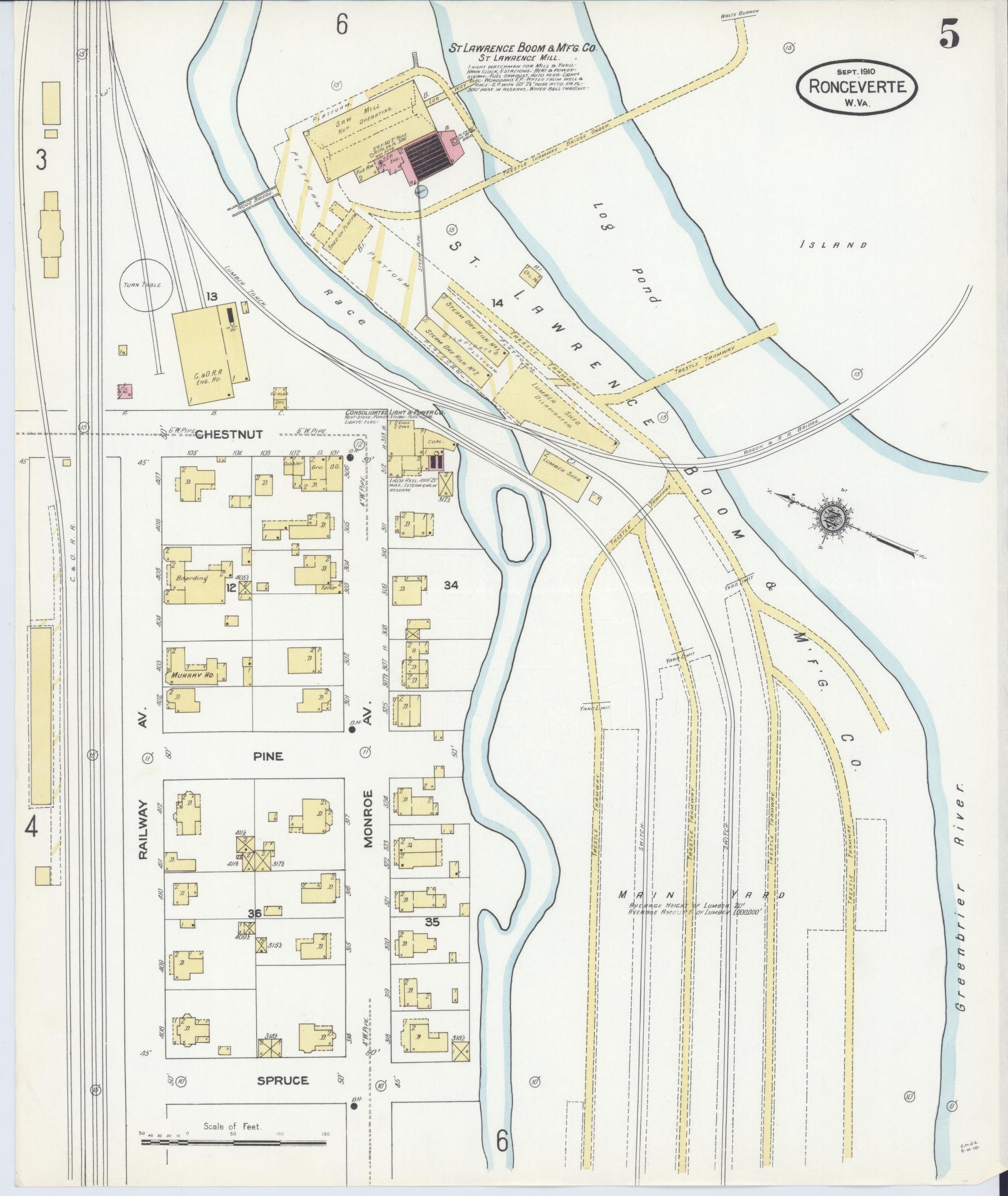 Sanborn Fire Insurance Map from Ronceverte, Greenbrier County, West Virginia (1910), Sheet #0005 - Historic Sanborn Fire Insurance Map Print, vintage old map wall art, antique decor, genealogy gift, West Virginia West Virginia map