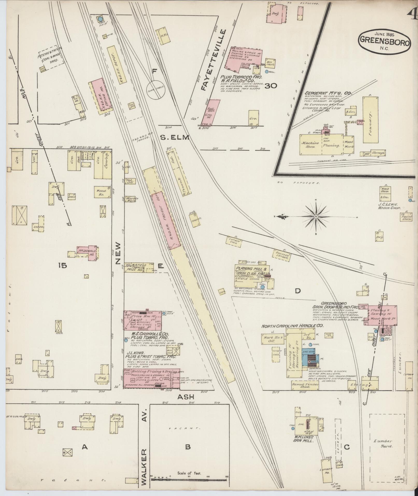 Sanborn Fire Insurance Map from Greensboro, Guilford County, North Carolina (1885), Sheet #0004 - Historic Sanborn Fire Insurance Map Print, vintage old map wall art, antique decor, genealogy gift, North Carolina North Carolina map