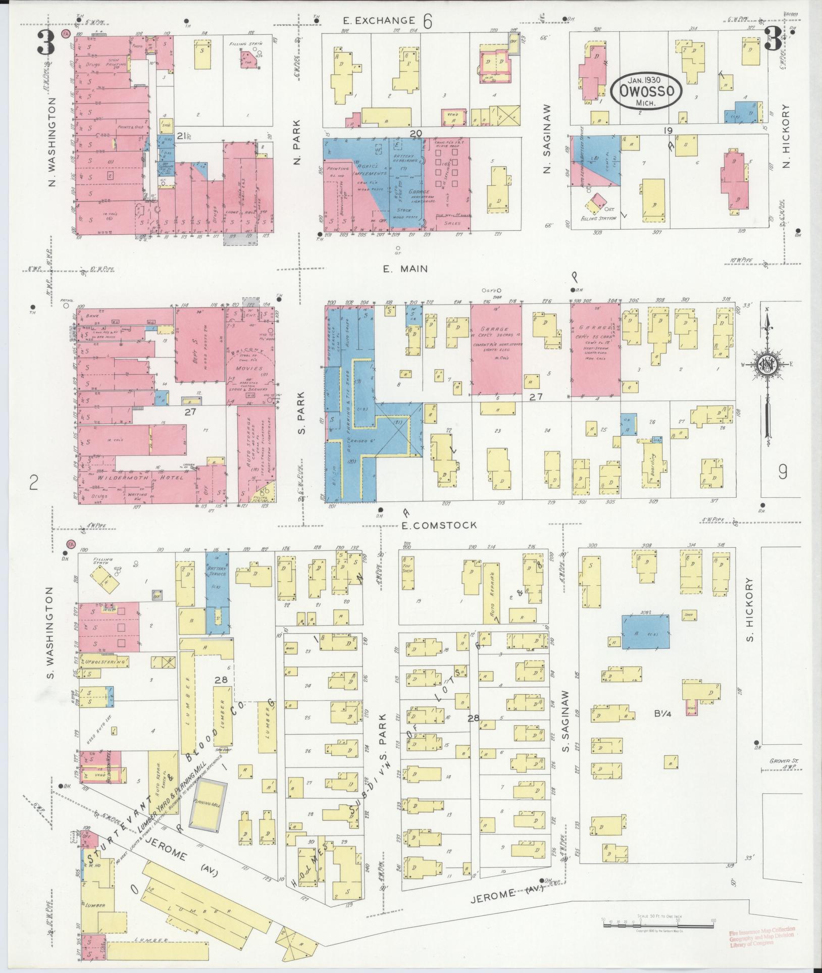 Sanborn Fire Insurance Map from Owosso, Shiawassee County, Michigan (1930), Sheet #0003 - Historic Sanborn Fire Insurance Map Print, vintage old map wall art, antique decor, genealogy gift, Michigan Michigan map