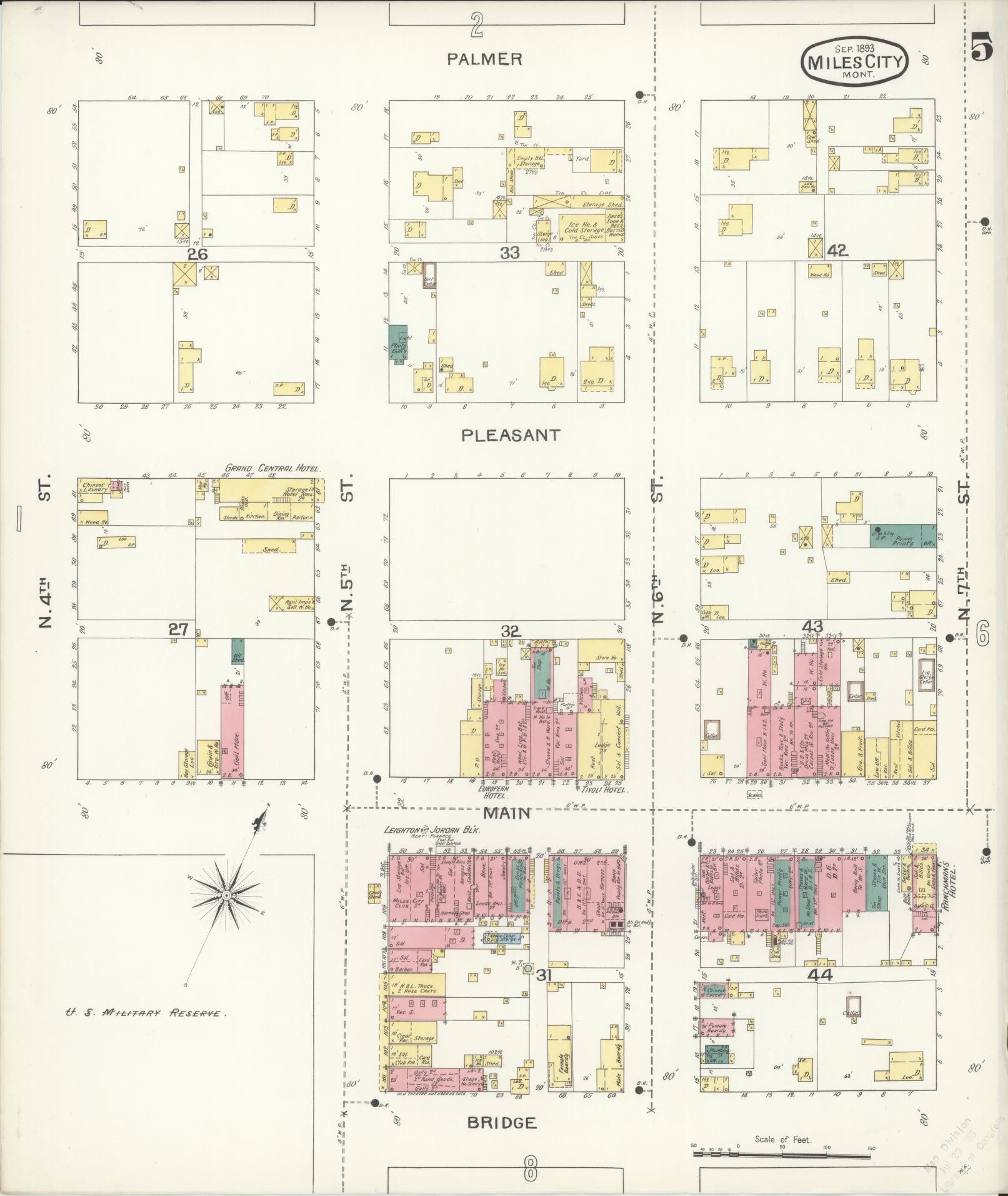 Sanborn Fire Insurance Map from Miles City, Custer County, Montana (1893), Sheet #0005 - Historic Sanborn Fire Insurance Map Print, vintage old map wall art, antique decor, genealogy gift, Montana Montana map