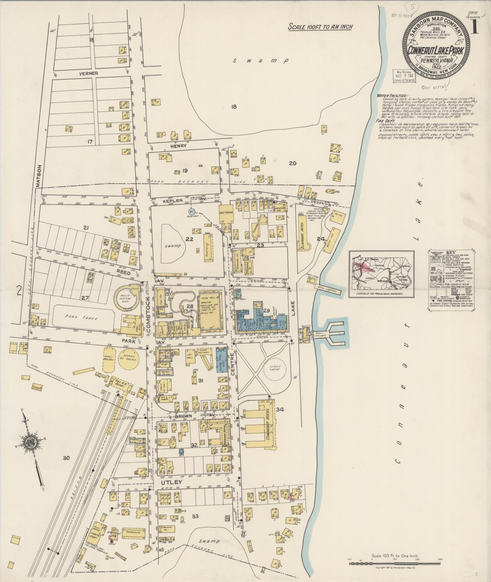 Sanborn Fire Insurance Map from Conneaut Lake Park, Crawford County, Pennsylvania (1922), Sheet #0001 - Historic Sanborn Fire Insurance Map Print, vintage old map wall art, antique decor, genealogy gift, Pennsylvania Pennsylvania map