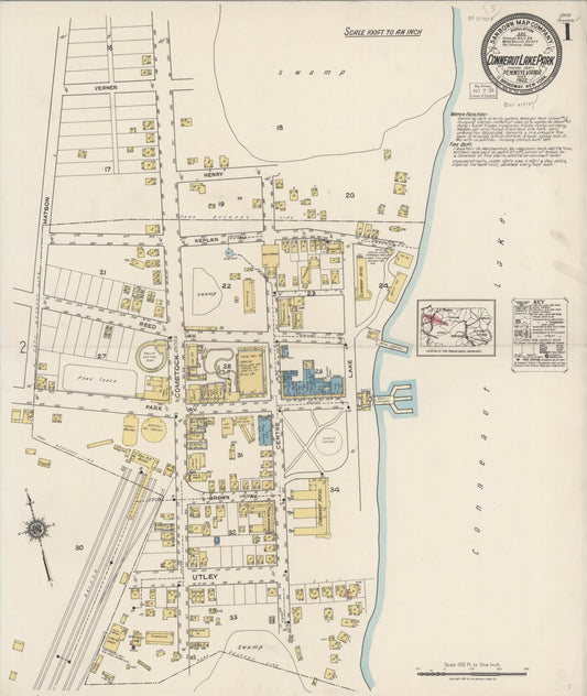 Sanborn Fire Insurance Map from Conneaut Lake Park, Crawford County, Pennsylvania (1922), Sheet #0001 - Historic Sanborn Fire Insurance Map Print, vintage old map wall art, antique decor, genealogy gift, Pennsylvania Pennsylvania map