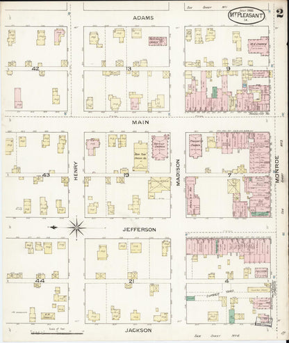 Sanborn Fire Insurance Map from Mount Pleasant, Henry County, Iowa (1886), Sheet #0002 - Historic Sanborn Fire Insurance Map Print, vintage old map wall art