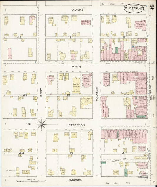 Sanborn Fire Insurance Map from Mount Pleasant, Henry County, Iowa (1886), Sheet #0002 - Historic Sanborn Fire Insurance Map Print, vintage old map wall art